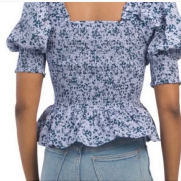 CeCe Blue Floral Puff Sleeve Smocked Peplum Top - Picture 2 of 10
